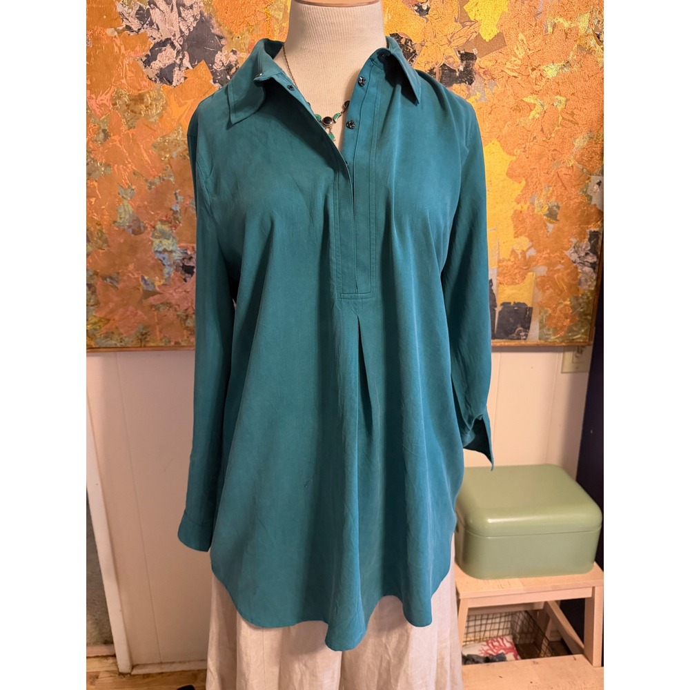 Tyler Boe Teal Green 100% Silk Popover Tunic Blouse Roll Tab Sleeve XL Dragonfly